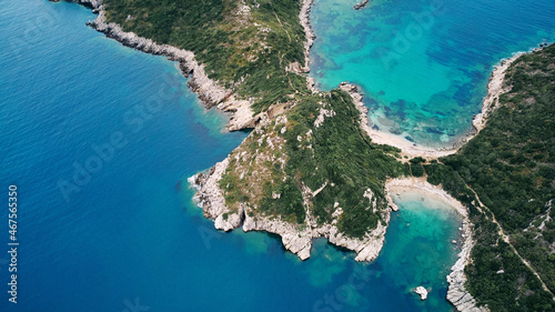 Aerial view of Porto Timoni beach and pirate bay on Corfu island in Greece