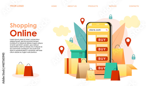Landing web page template for digital store, supermarket, marketplace. Smartphone with marketplace mobile app, application on screen. Mobile retail online shopping concept. Vector illustration
