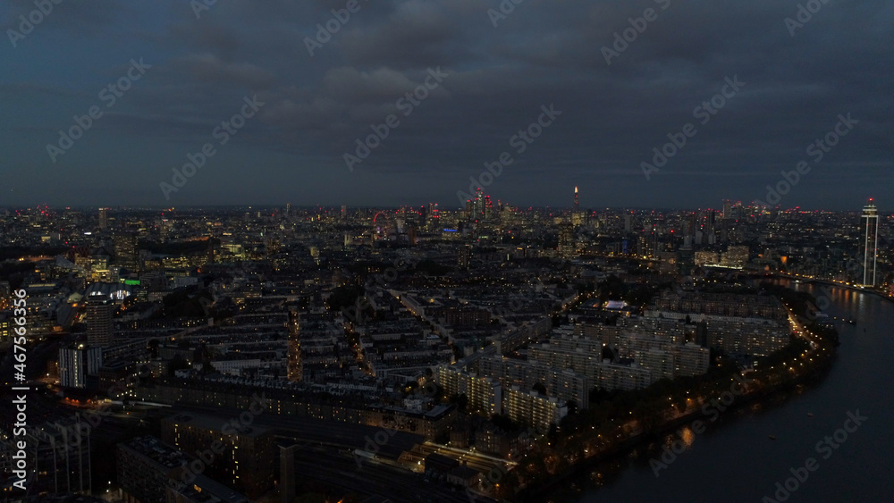 Aerials London, England, City Area Sunset up the Thames towards Big Ben
