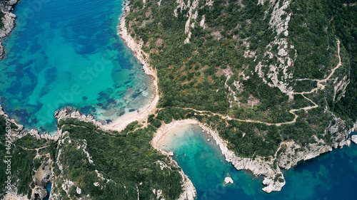 Aerial view of Porto Timoni beach and pirate bay on Corfu island in Greece