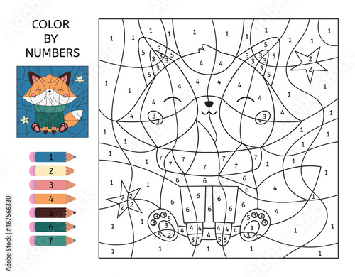 Color by numbers. Cute cartoon fox and green sweater. Kawaii forest animal. Learn numbers. Educational game for preschool kids. Printable activity worksheet.