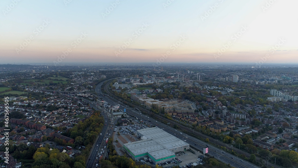 Aerials North London Near Wembley Stadium, London, England, Suburban Area Sunset Heavy traffic Near M1 Intersection Aerials North London Near Wembley Stadium, London, England, Suburban Area Sunset Heavy traffic Near M1 Intersection