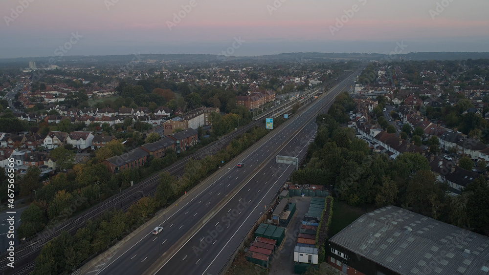 Aerials North London Near Wembley Stadium, London, England, Suburban Area Sunset Heavy traffic Near M1 Intersection