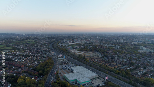 Aerials North London Near Wembley Stadium  London  England  Suburban Area Sunset Heavy traffic Near M1 Intersection