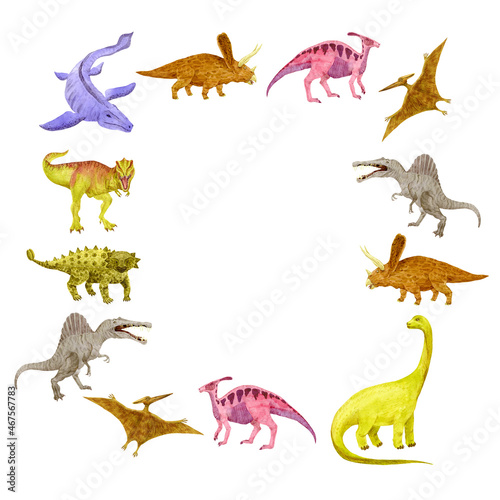 Dinosaurs invitation on white. Watercolor tyrannosaurus  Spinosaurus  Pteranodon  Ankylosaurus  Mosasaurus. Watercolor
