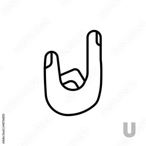 Letter U Universal and handicapped hand alphabet letter. Simple clear linear letter U, hand language. Learning the alphabet, non-verbal deaf-mute communication, expressive gestures vector.