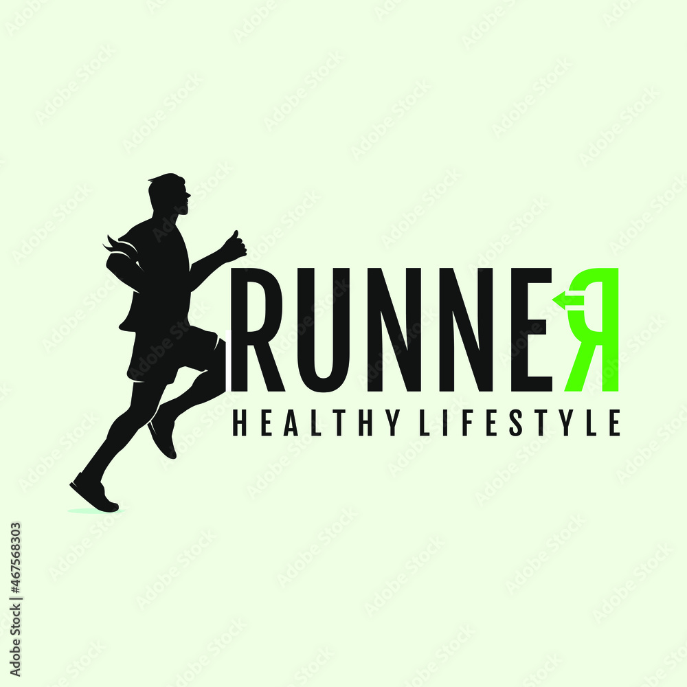 Running Logo Template With Well-Built Male Mascot, Running Wearing Arm Straps, Backward Arrows Means Health Will Come Back To Ourselves