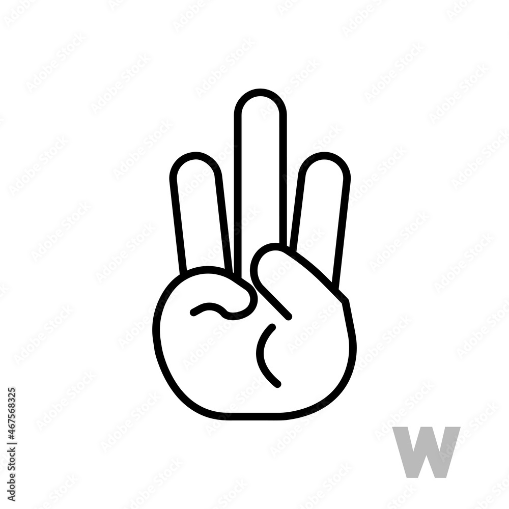 Letter W Universal and handicapped hand alphabet letter. Simple clear linear letter W, hand language. Learning the alphabet, non-verbal deaf-mute communication, expressive gestures vector. Letter W Universal and handicapped hand alphabet letter. Simple clear linear letter W, hand language. Learning the alphabet, non-verbal deaf-mute communication, expressive gestures vector.
