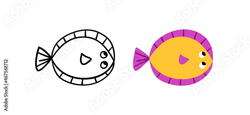 Hand drawn cute flounder fish. Ocean life. Vector illustration.