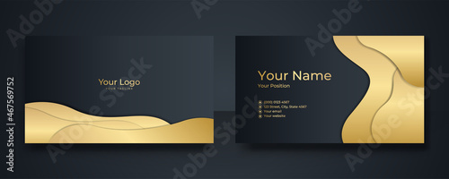 Modern Business Card - Creative and Clean Business Card Template. Luxury business card design template. Elegant dark back background with abstract golden wavy shapes lines shiny. Vector illustration