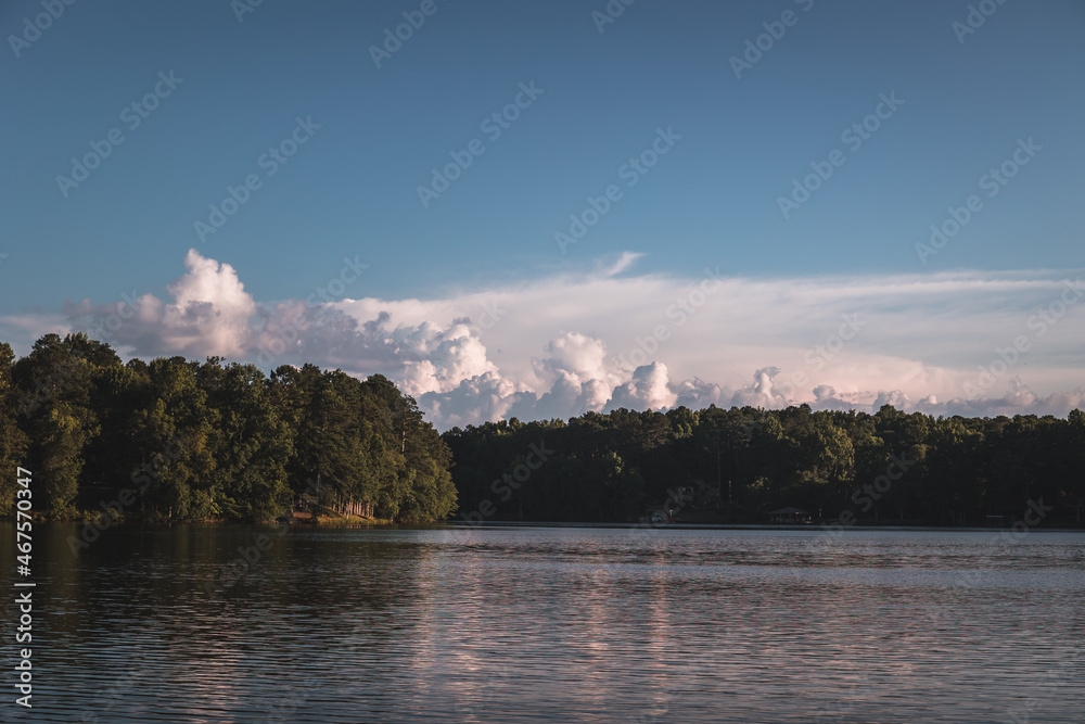 gorgeous sunset on the lake in atlanta georgia city, peachtree city