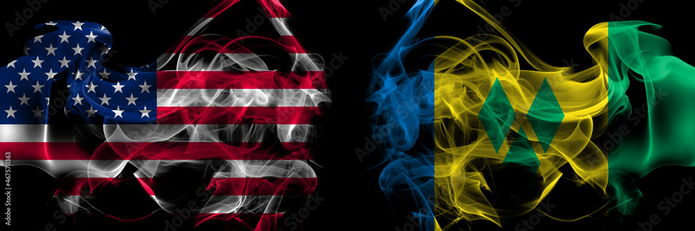 Obraz premium United States of America vs Saint Vincent and the Grenadines smoke flags placed side by side