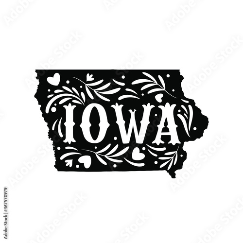 Iowa state map with doodle decorative ornaments. For printing on souvenirs and T-shirts