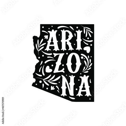 Arizona state map with doodle decorative ornaments. For printing on souvenirs and T-shirts