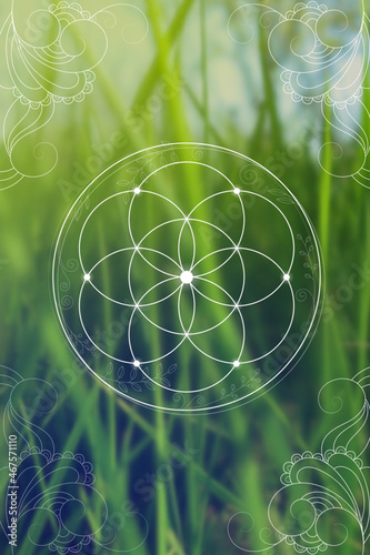 Sacred geometry zentangle inspired design template with oriental tribal ornaments. Flower of life ornamental new age art.
