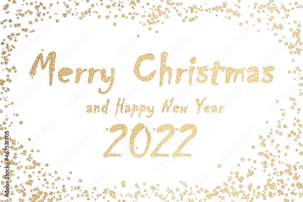 Golden glitter text Merry Christmas  and Happy new year 2022. Christams congratulation card concept.