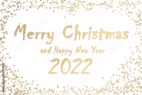 Golden glitter text Merry Christmas  and Happy new year 2022. Christams congratulation card concept. © Michaela