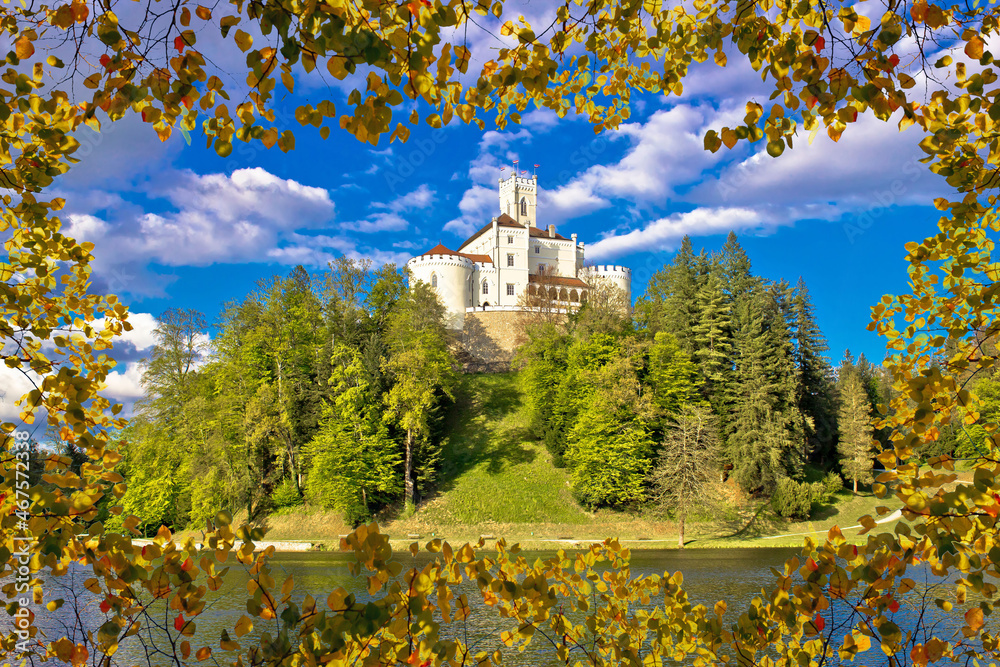 Idyllic lake hill castle of Trakoscan in Zagorje region
