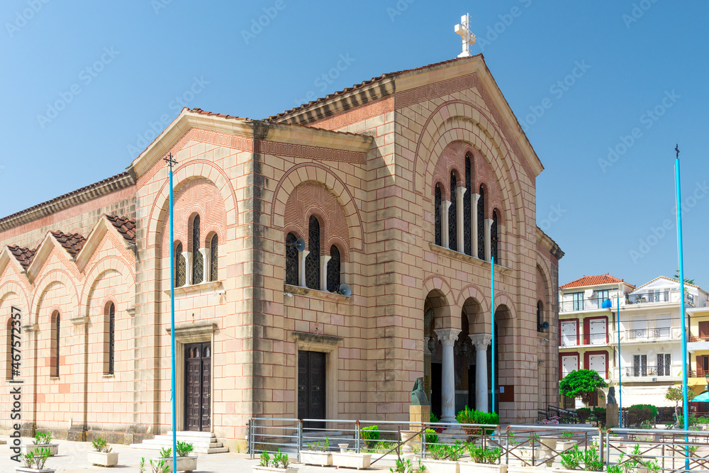 Agios Dionisios (Saint Denis) Church and the soaring bell tower, the largest church in Zakynthos Town located along the seashore of Zakynthos