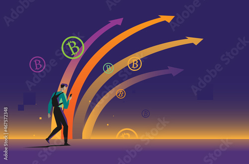Uomo giovane che cammina con telefonino in mano e investe su bitcoin