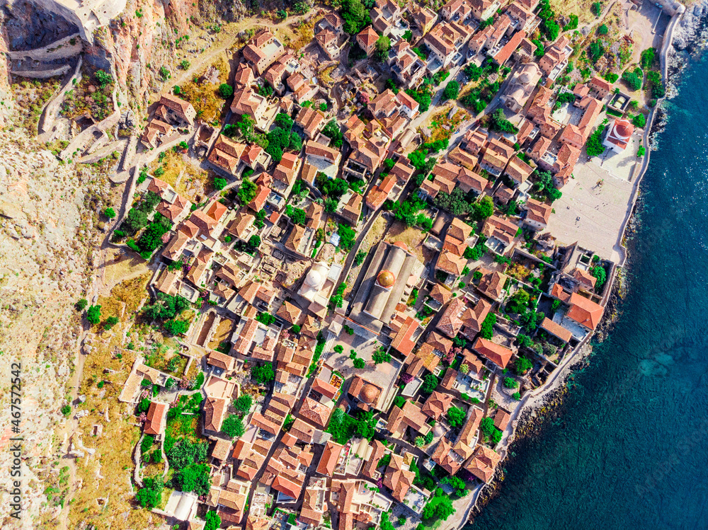 view from above of fortified greek village on rock island Monemvasia, Peloponnese, Greece