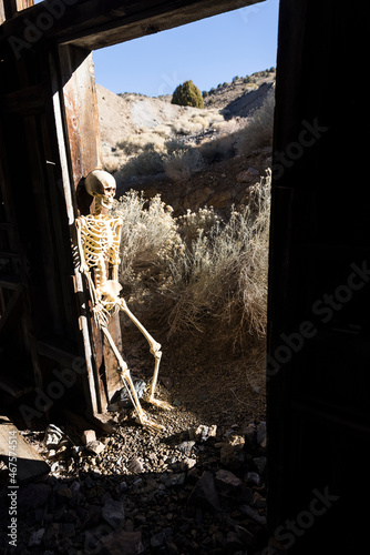 Skeleton leaning against the doorway of a wood building looking out into the desert