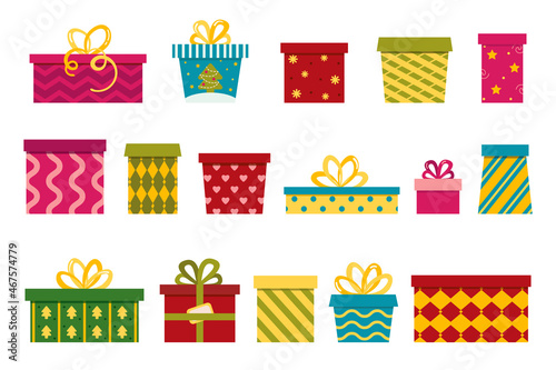 Big set of vector gift boxes. Image for the design of stickers, cards, congratulations, stationery.