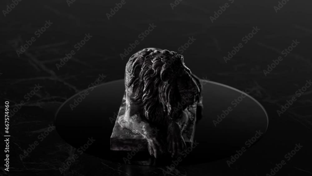 The sculpture of a lion flips over on the platform. Black and white. 3d animation of seamless loop