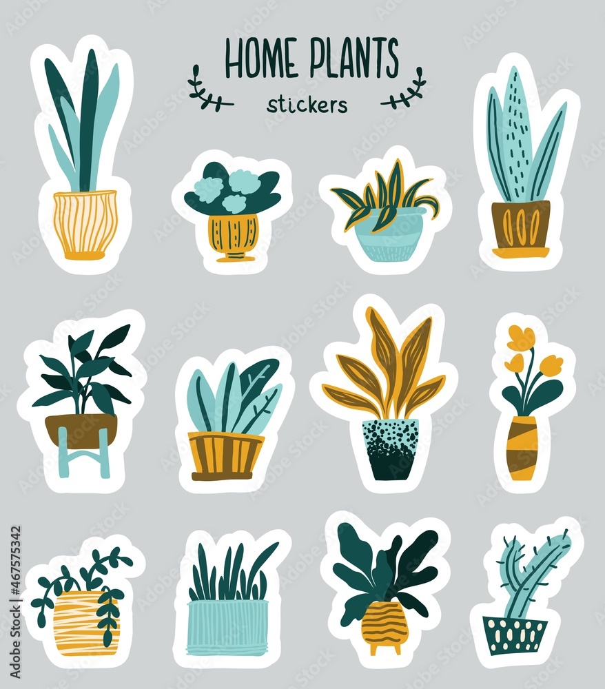 Stylized plants in pots. Vector set of stickers for decoration Stylized plants in pots. Vector set of stickers for decoration