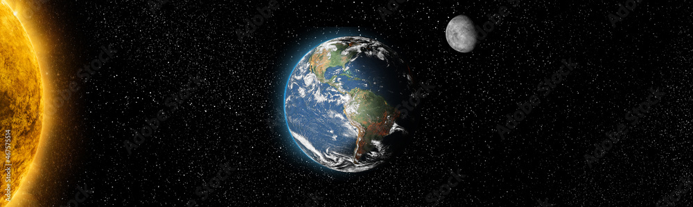 Sun star and planet earth and moon in space front view. Cosmic background.Solar system.Elements of this image furnished by NASA Sun star and planet earth and moon in space front view. Cosmic background.Solar system.Elements of this image furnished by NASA