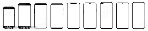 Set high quality realistic trendy different black models smartphone with white empty touch screen and shadow front view. Detailed mockup smartphone, model 3D mobile phone front view.