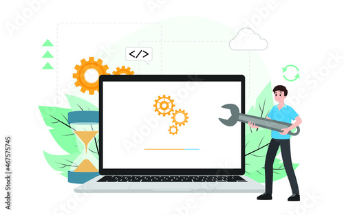IT administrator with software upgrade process on laptop. Digital system device administration, network upkeeping, computer systems configuration concept. System maintenance application vector.