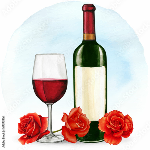 Watercolor hand drawn red wine glass and bottle with red roses