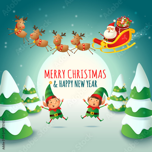 Merry Christmas and Happy New Year - Santa Claus sleigh and Elves celebrate holidays - winter night landscape