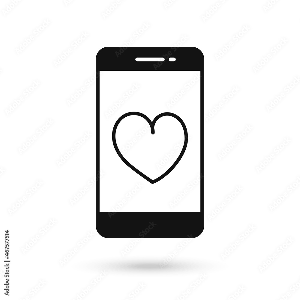 Mobile phone flat design icon with heart icon Mobile phone flat design icon with heart icon