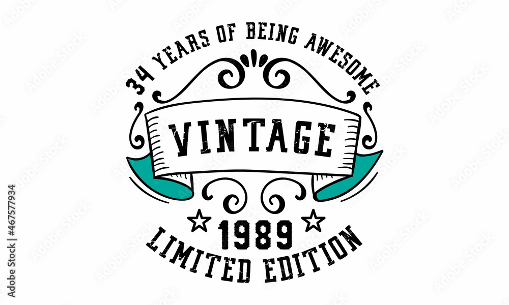 Obraz premium 34 Years of Being Awesome Vintage Limited Edition 1989 Graphic. It's able to print on T-shirt, mug, sticker, gift card, hoodie, wallpaper, hat and much more.