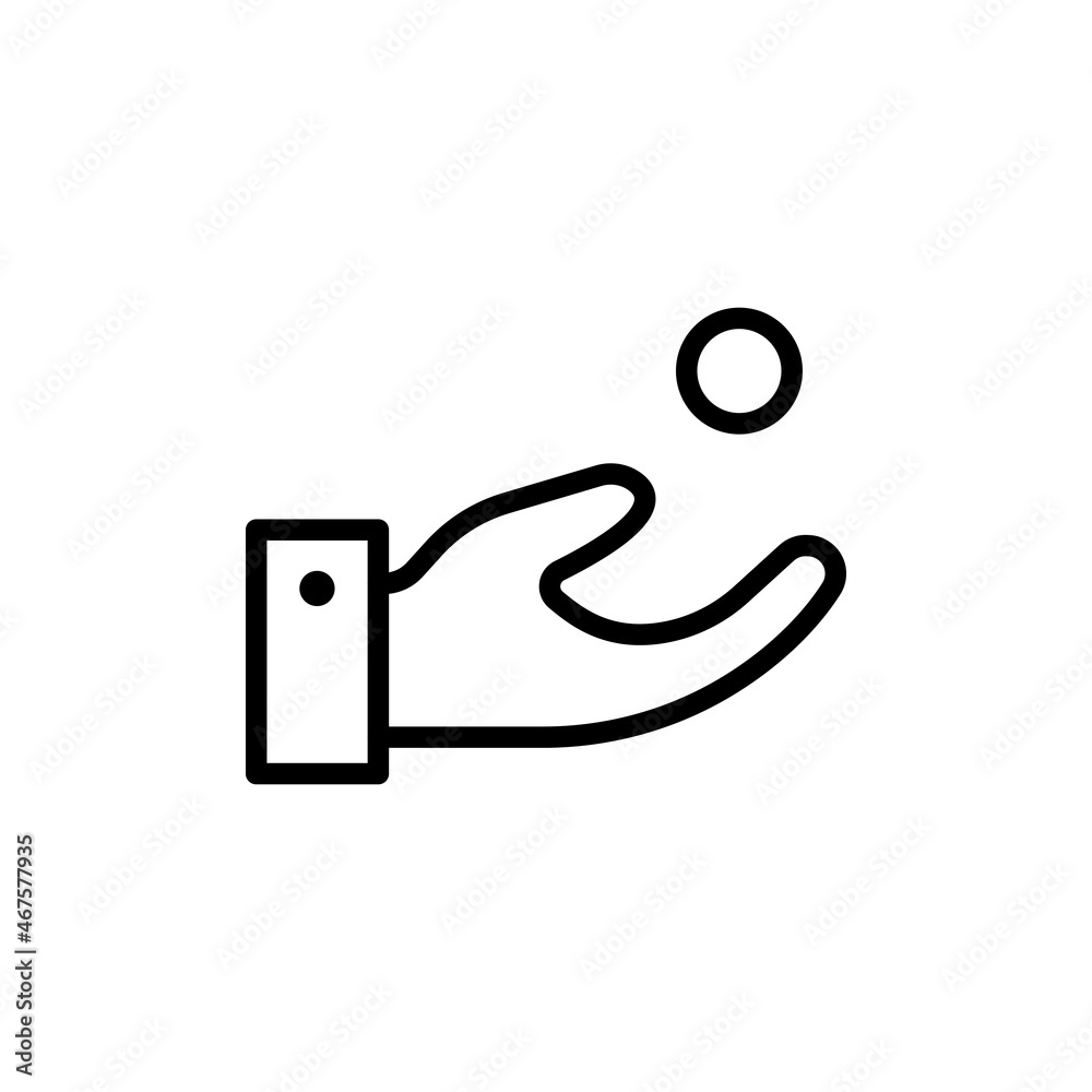 Transfer of money, donations line icon in black. Coin fall into the hand. Cash back logotype. Donate or save concept. Flat isolated symbol for: logo, app, emblem, design, web, ui, ux. Vector EPS 10