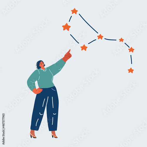 Vector illustration of Astrological horoscope and constellations on sky and woman point with her hand to stars.