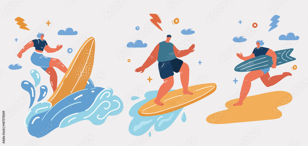 Vector illustration of surfers in the wave and beach Vector illustration of surfers in the wave and beach