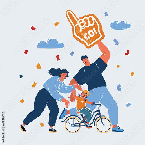 Vector illustration of successful first ride of small girl. Her mother and father teach their daughter. Teatcher in kindergarden.