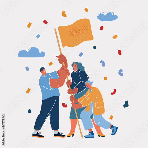 Vector illustration of Leader helping his teammates put flag