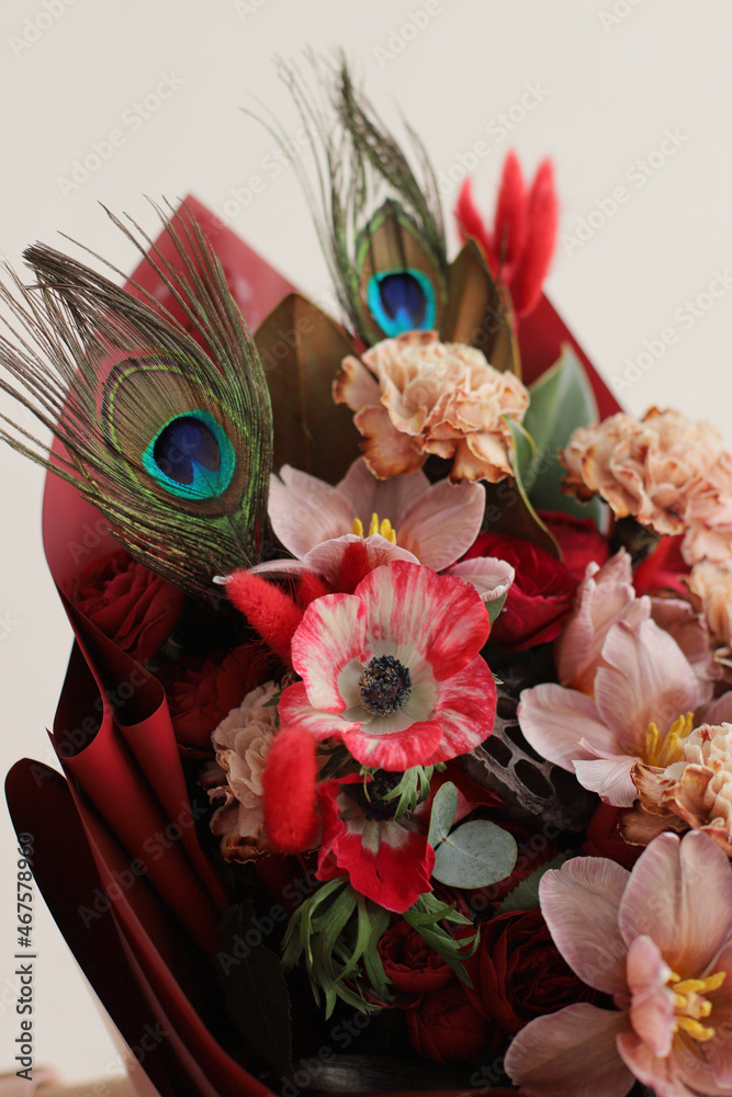 Fototapeta premium Flower shop concept. Close-up beautiful lovely bouquet of mixed flowers. Wallpaper. Nature composition