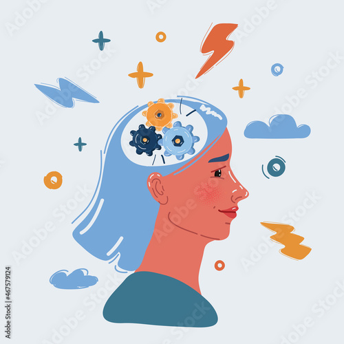 Vector illustration of Gear in head of a thinking. Woman thought concept.