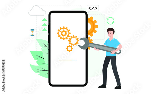 IT administrator with software upgrade process on mobile. Digital system device administration, network upkeeping, smartphone systems configuration concept. System maintenance application vector.