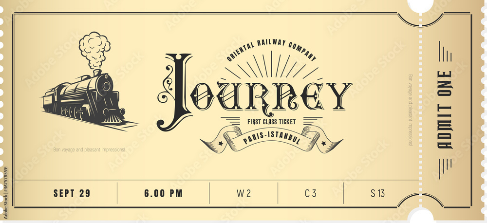 Train ticket template in vintage style. For excursion routes, retro parties and clubs and other projects. Vector. can be used for printing. - obrazy, fototapety, plakaty 