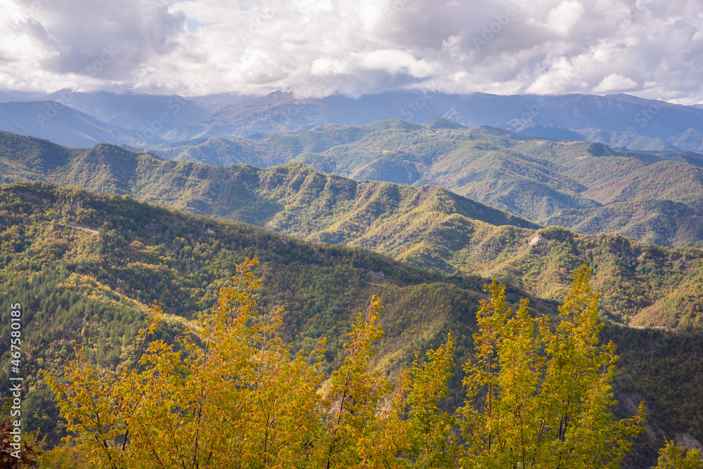 Mountains covered with colorful forest in autumn