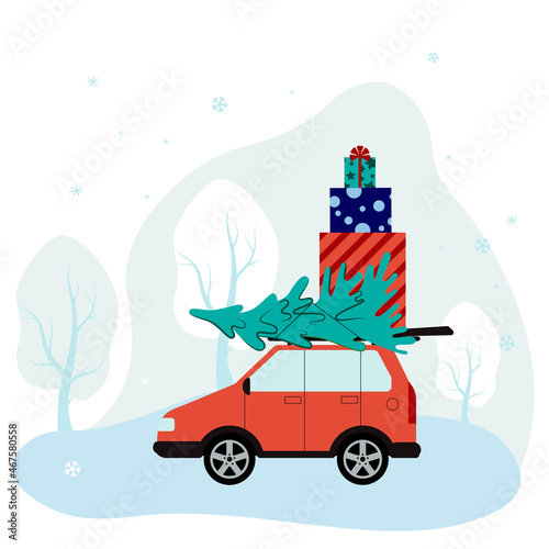 Red Car rides with Gifts and a Christmas Tree to Celebrate New Year and Christmas. Flat style. Vector Illustration.