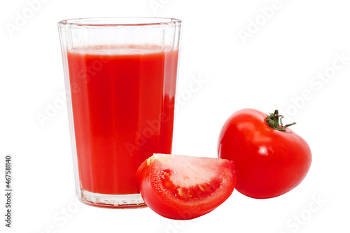 red delicious tomato juice in a beautiful glass on a background of tomatoes isolated on a white background for your design or menu © Sensey3242