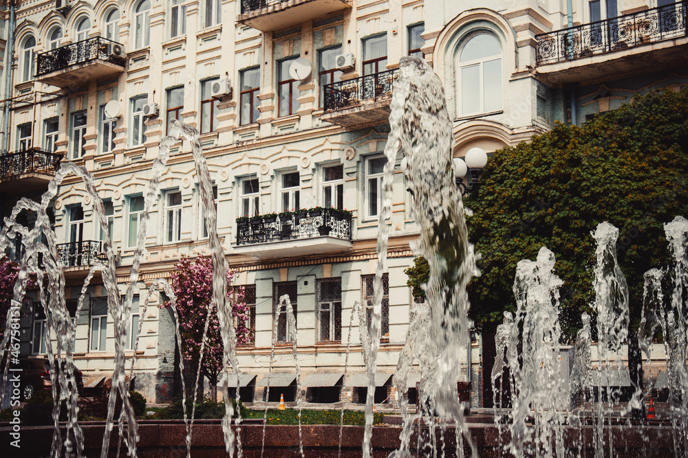 Beautiful fountain in the city center of Kiev. Beautiful old building of the National Opera of Ukraine