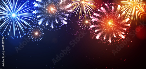 Vector holiday festival blue, red and gold firework. Independence day, Christmas, New Year party